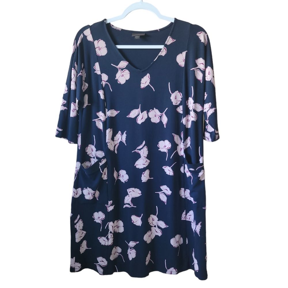J. Jill Wearever Navy Pink Floral Jersey Knit 3/4 Sleeve Dress Small Petite - Picture 1 of 5